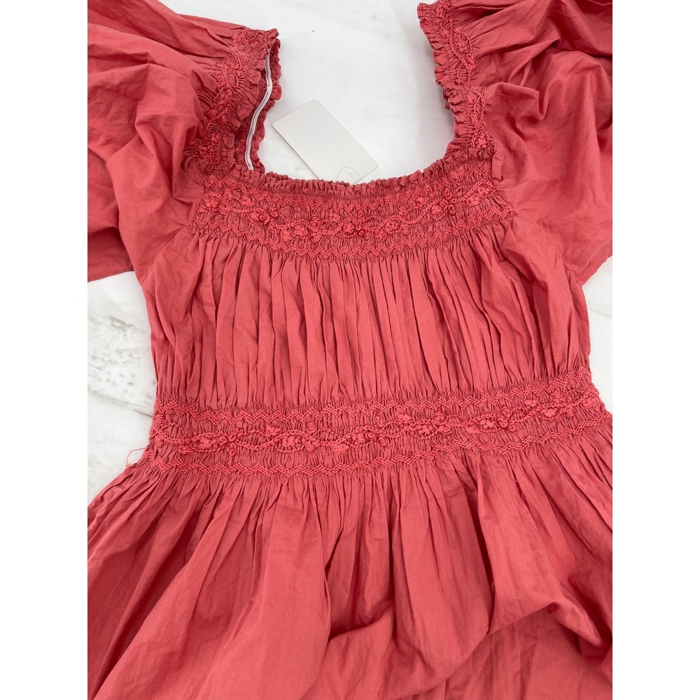 DOEN Women Dress Midi Smocked Puff Sleeve Pink Organic Cotton Medium - Picture 6 of 8
